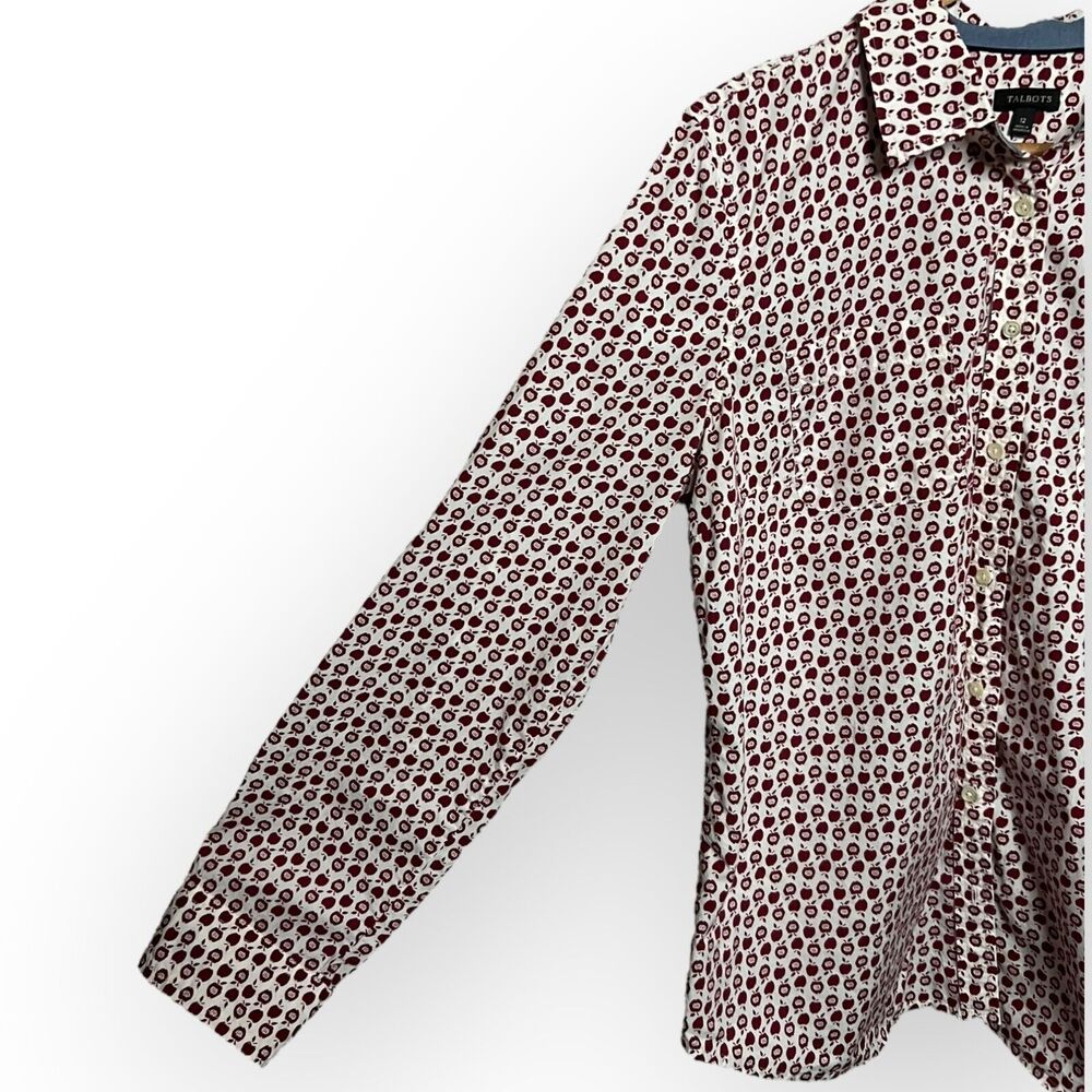 Talbots Red & White Apple Pattern Button Up Shirt with Convertible Sleeves Sz 12 - Picture 6 of 15